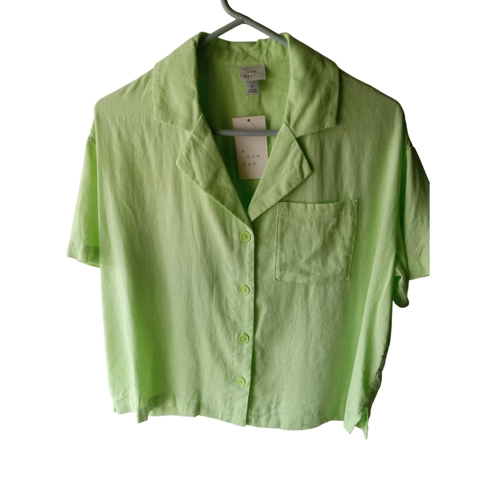 A New Day Women's Short Sleeve Button-Down Shirt Collared Green Size Small